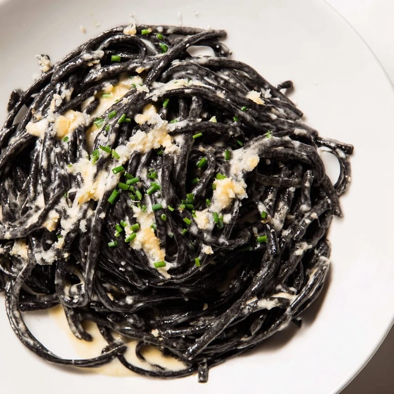 A close-up of elegant squid ink pasta tossed in silky cream sauce, with lemon wedges and grated cheese for a luxurious Italian dinner.  