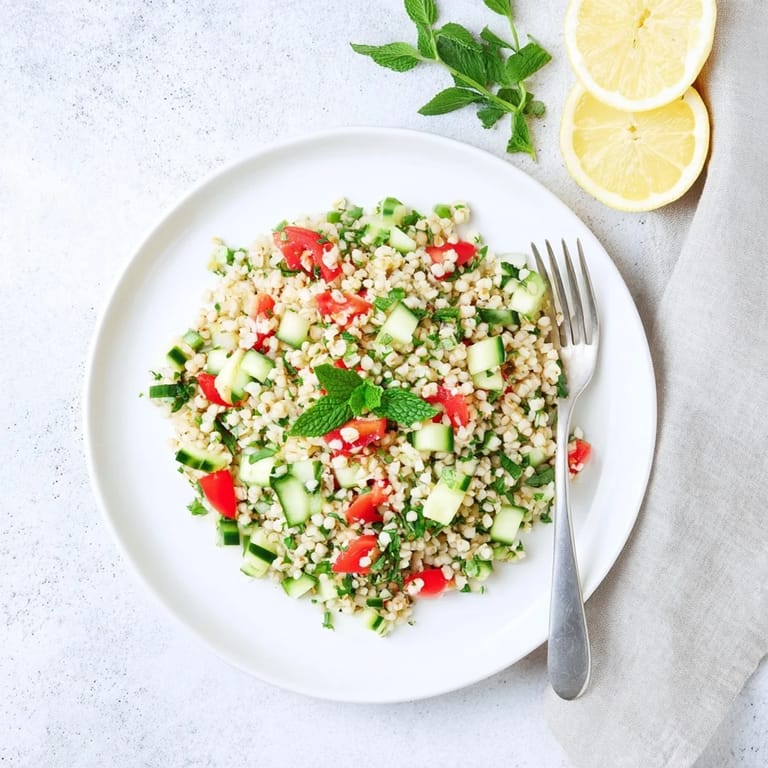 Close-up of bulgur wheat salad tabbouleh, featuring vibrant green parsley, red tomatoes, and a drizzle of extra virgin olive oil and lemon juice.