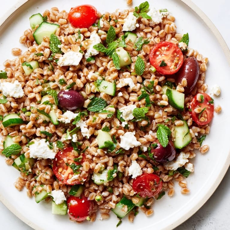 Close-up of nutty farro salad with red onion, parsley, and crumbled feta, ready as a refreshing vegetarian side dish for summer gatherings.