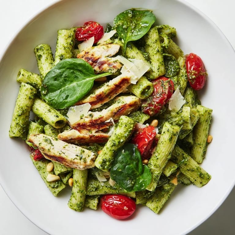 A close-up of Pesto Chicken Pasta served in a white bowl, garnished with fresh basil and grated Parmesan cheese.