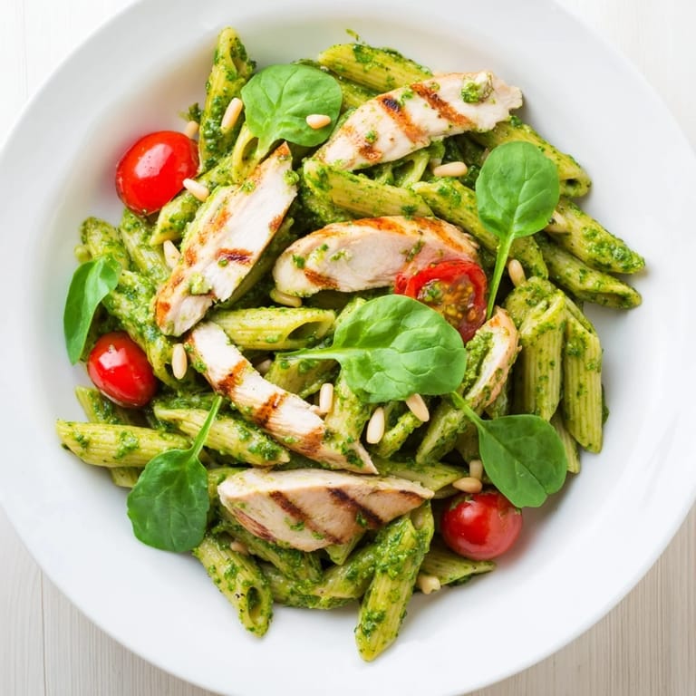 Ready-to-serve Pesto Chicken Pasta featuring juicy grilled chicken, al dente noodles, and melted Parmesan in a glossy green pesto sauce.