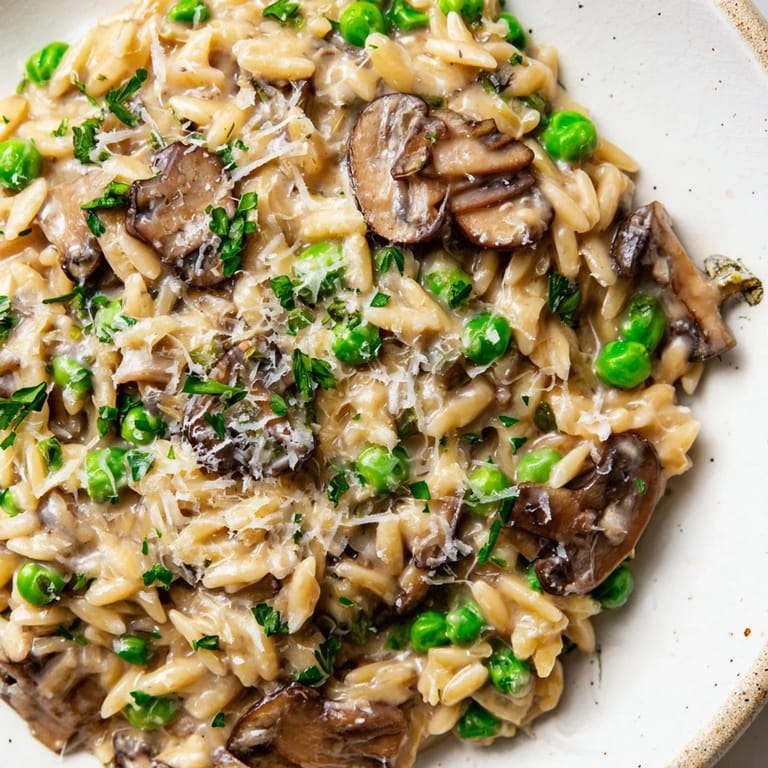 Steaming bowl of Orzo Mushroom Risotto-Style, featuring sautéed cremini mushrooms, tender peas, and a rich, cheesy finish perfect for weeknights.
