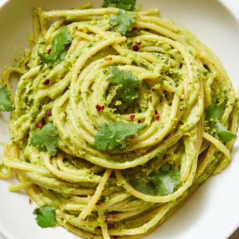 A vibrant bowl of smashed avocado pasta topped with chili flakes, grated Parmesan, and a lime wedge.  