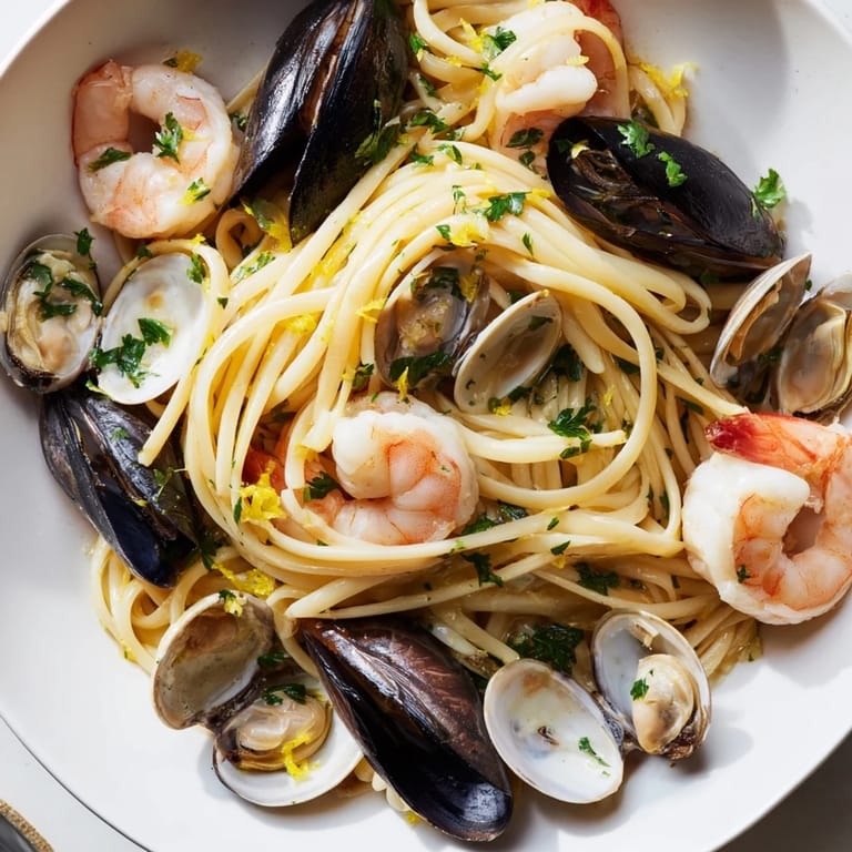 Served in a rustic bowl, Seafood Linguine combines al dente noodles and seafood in a fragrant garlic sauce, with lemon wedges and fresh parsley on the side.