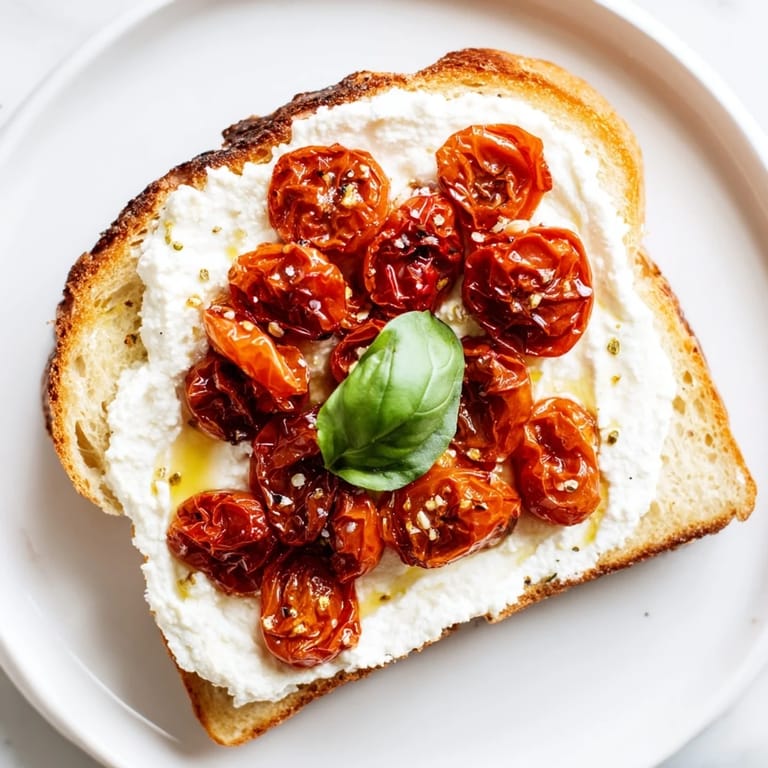 A vibrant plate of Tomato Ricotta Toast featuring whipped ricotta, roasted cherry tomatoes, and fresh basil on toasted artisan bread.