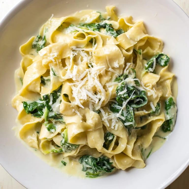 Steaming bowl of creamy spinach garlic noodles topped with extra Parmesan, paired with a crisp salad for a complete meal.