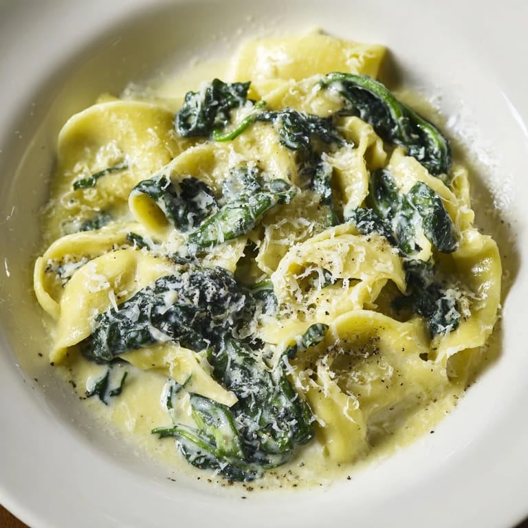 A close-up of creamy spinach garlic noodles twirled on a fork, showcasing the velvety texture and vibrant green spinach.  