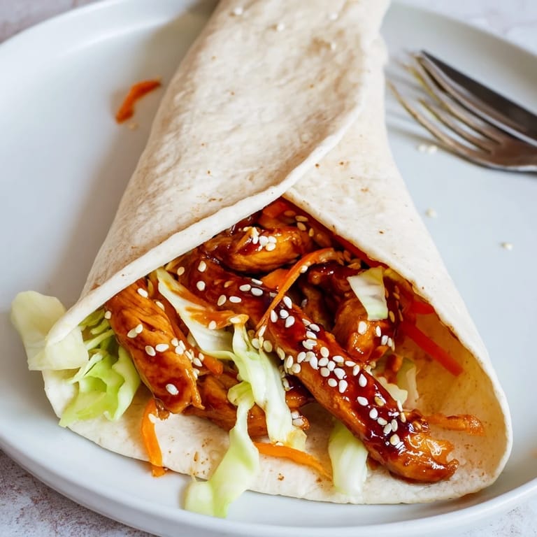 Freshly rolled Teriyaki Chicken Wrap with sesame seeds and cilantro, a flavorful handheld meal for busy weeknights.