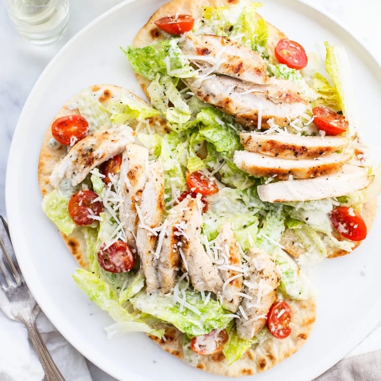 Homemade Caesar Chicken Flatbread featuring grilled chicken, cherry tomatoes, and freshly grated Parmesan on a warm naan crust.