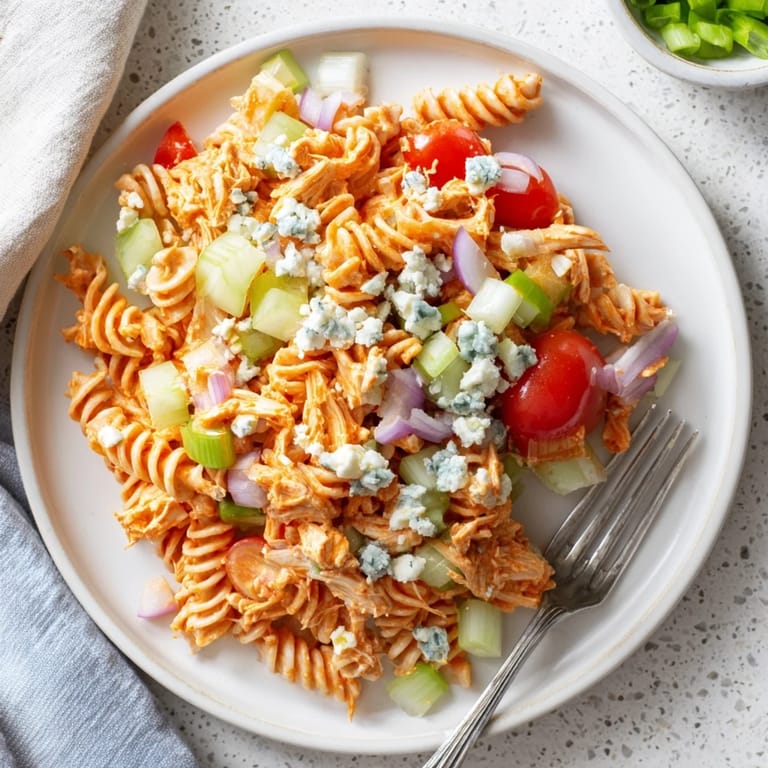 Spicy Buffalo Chicken Pasta Salad featuring tender buffalo chicken, crunchy vegetables, and crumbled blue cheese garnish, served on a wooden table.