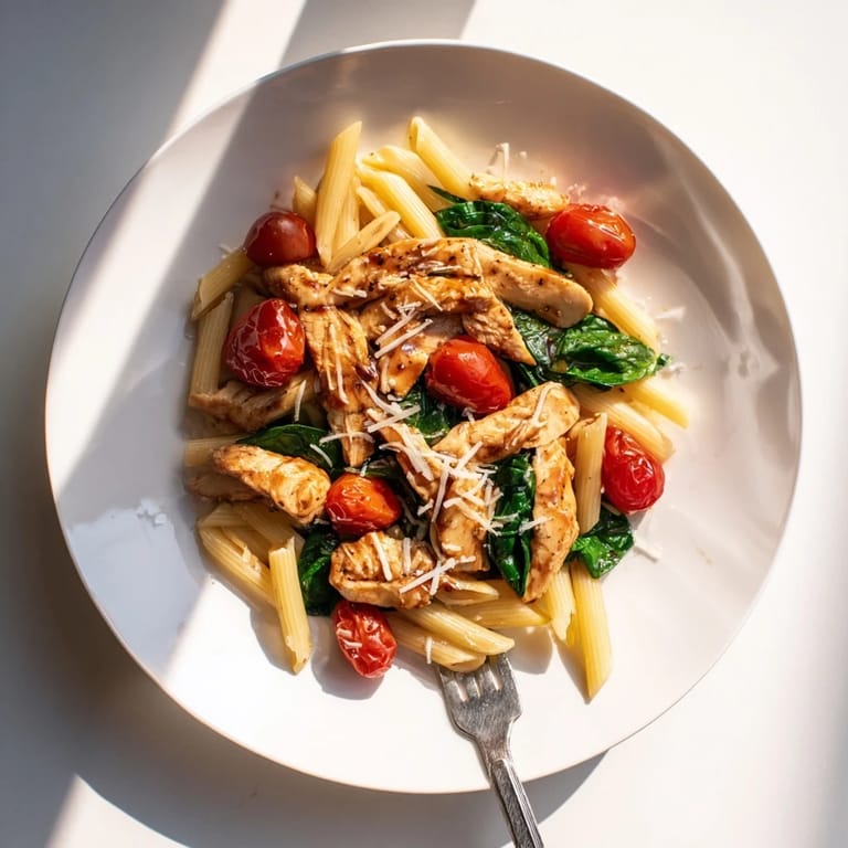 A close-up of sautéed chicken and cherry tomatoes tossed with spinach and pasta in a rich balsamic sauce.
