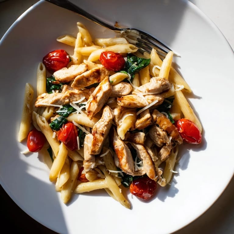 Balsamic Glazed Chicken Pasta served in a bowl, drizzled with a tangy glaze and topped with fresh basil.