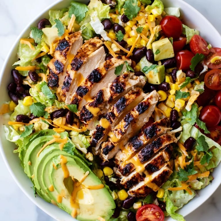 Honey lime chicken taco salad garnished with cilantro and crunchy tortilla strips, ready to serve for dinner.