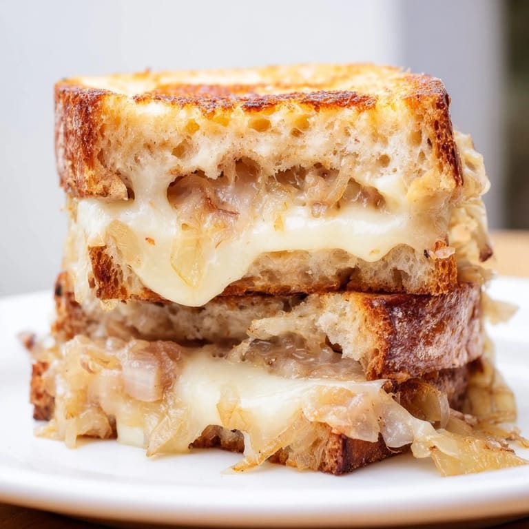 A close-up of the Caramelized Onion & Gruyère Grilled Cheese reveals gooey cheese and tender onions oozing from between buttery, toasted bread slices.