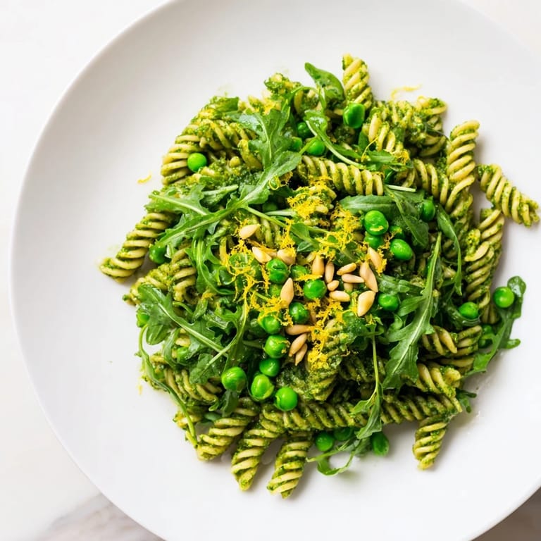 Served chilled for a spring picnic, this vegetarian Spring Green Pesto Pasta Salad is garnished with extra pine nuts and fresh herbs.