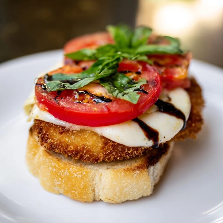 Crispy Chicken Caprese Sandwich served on ciabatta with ripe tomato slices, fresh basil, and a drizzle of balsamic glaze.