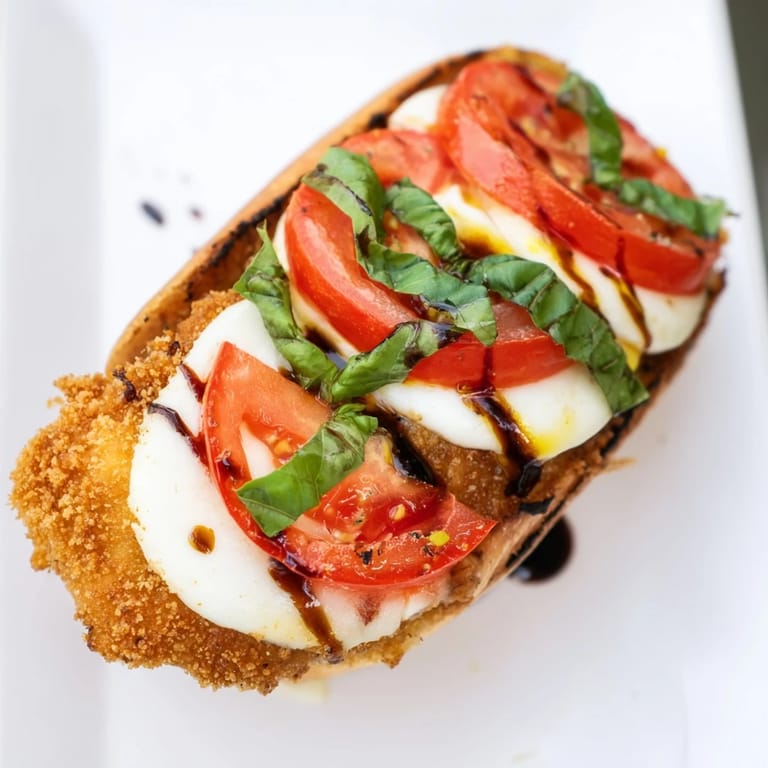 Homemade Crispy Chicken Caprese Sandwich featuring crunchy panko-coated chicken layered with creamy mozzarella, tomatoes, and fresh basil leaves.