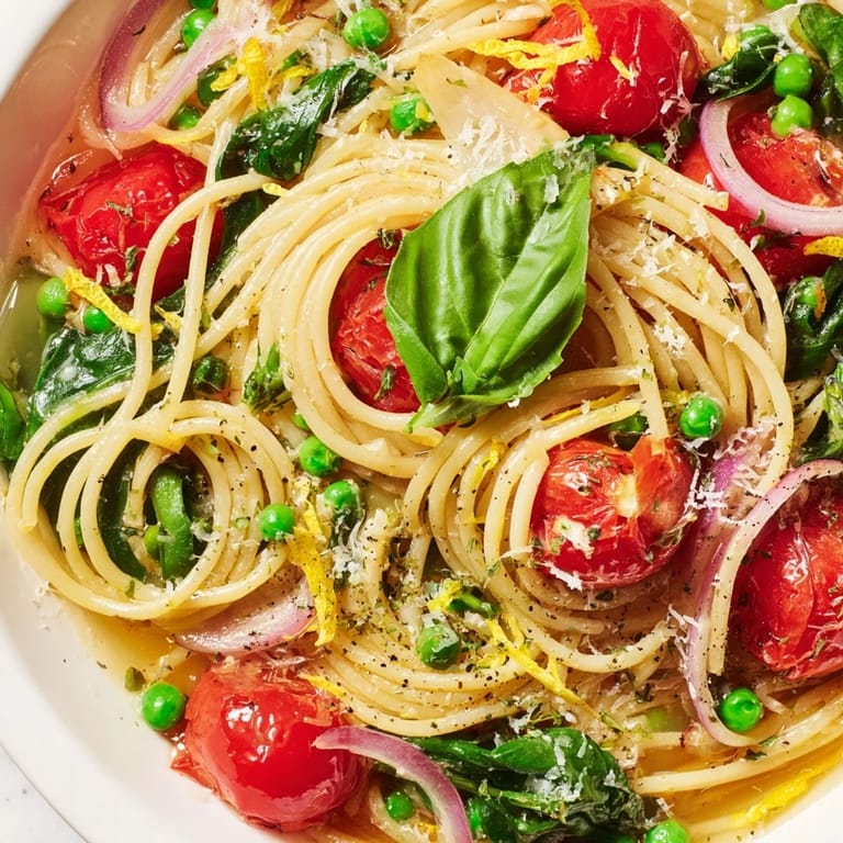 A close-up of Spring Veggie One-Pot Spaghetti garnished with fresh basil and lemon zest on a rustic table.