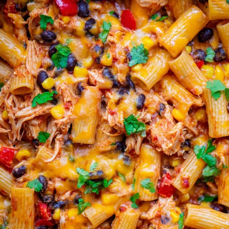Cheesy Tex-Mex Chicken Burrito Pasta Bake served warm with a lime wedge on the side.