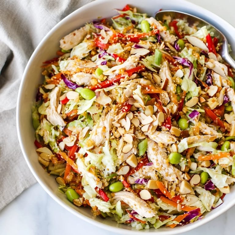 Close-up of Edamame Crunch Chicken Salad shows tender chicken, fresh red bell pepper strips, and a glossy ginger-lime dressing for a colorful lunch.