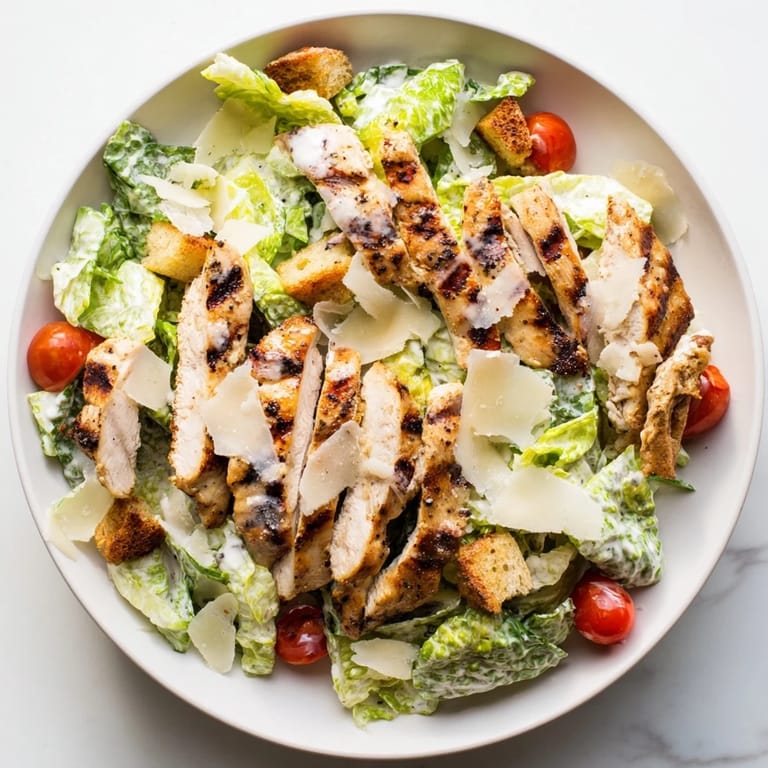 A vibrant plate of Yogurt Caesar Grilled Chicken Salad with homemade croutons.