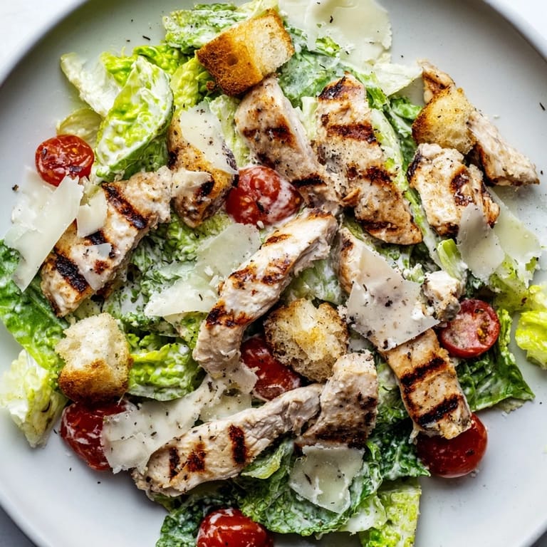 Freshly grilled chicken slices and shaved Parmesan on a Yogurt Caesar salad.