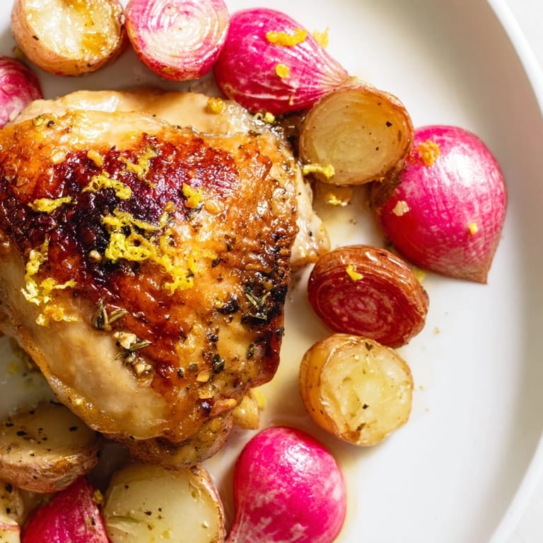 Easy Roasted Radish & Chicken Sheet Pan dinner with juicy thighs, sweet radishes, and smoky paprika, ready for weeknight serving.  