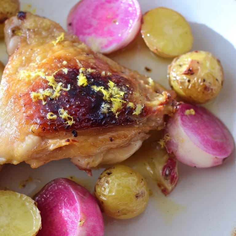 Vibrant Roasted Radish & Chicken Sheet Pan meal featuring tender chicken, crispy potatoes, and bright lemon, perfect for family dinners.