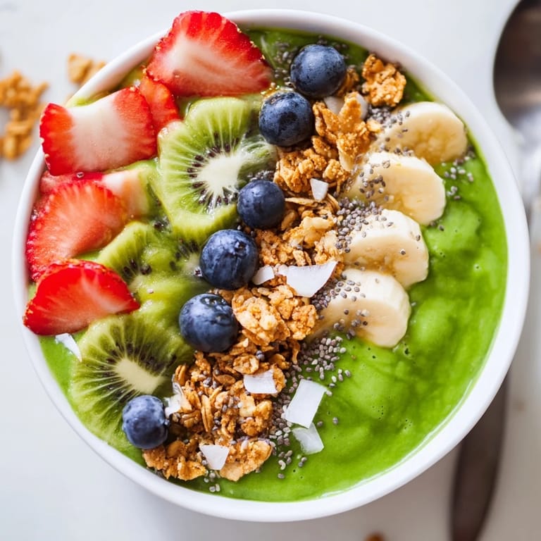 Delicious Green Smoothie Bowl served in a white bowl, perfect for an energizing morning snack.