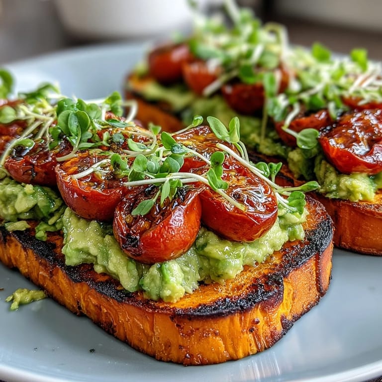 Golden brown sweet potato toasts finished with peanut butter, banana slices, and crunchy granola for a sweet snack.