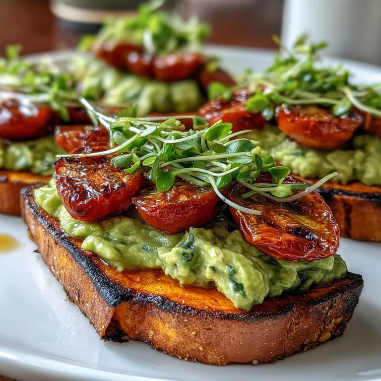 Vibrant, gluten-free sweet potato toast variations served on a platter with hummus, feta, and fresh herbs.