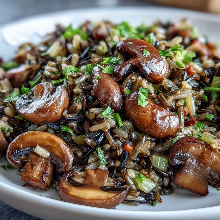 Savory wild rice and mushroom pilaf served as a vegetarian main or side, highlighting earthy flavors and tender grains.