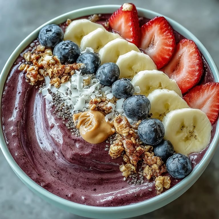 Artfully arranged acai berry smoothie bowl with fresh fruit and crunchy toppings, served in a white ceramic bowl for a bright morning meal.