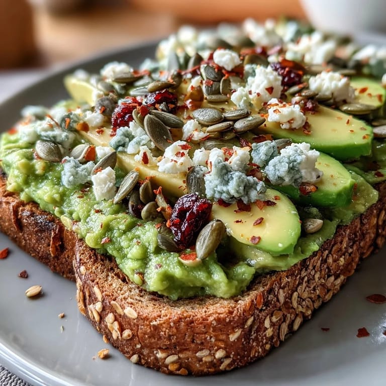 Hearty whole grain bread toast topped with vibrant green avocado mash, finished with feta crumbles and red pepper flakes for heat.