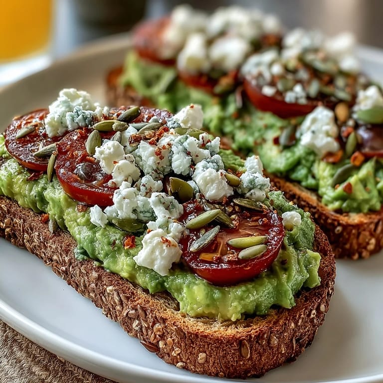 Freshly mashed avocado with lemon and black pepper piled high on toasted whole grain bread, garnished with optional pumpkin seeds.