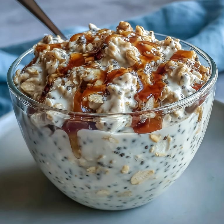 Morning light on Overnight Oats With Chia Seeds in a jar, finished with raspberries, nut butter swirl, and a spoon ready to serve.