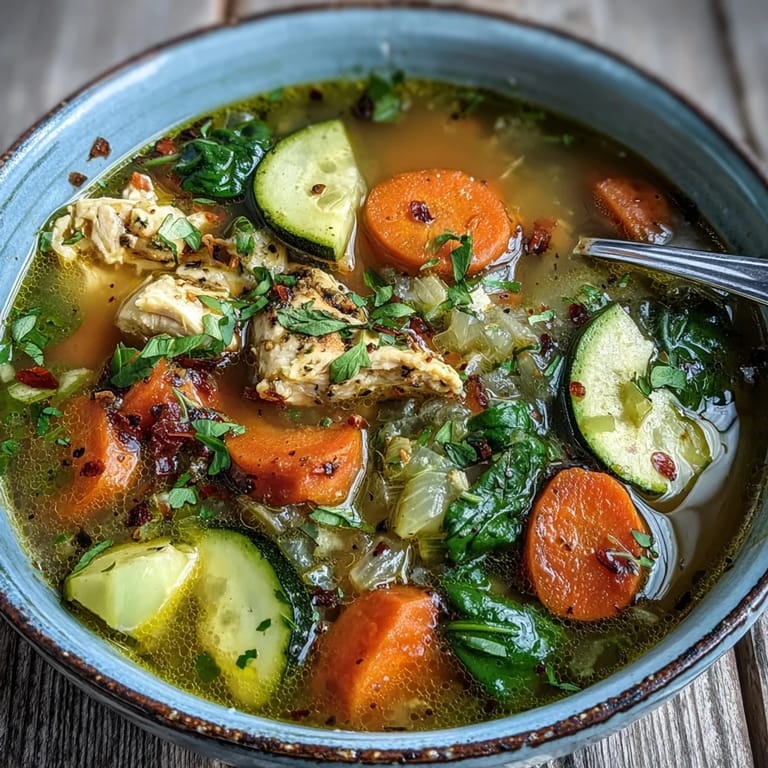 Turmeric Chicken Soup simmering in a pot, glowing yellow with spices, sliced zucchini, and fresh herbs.