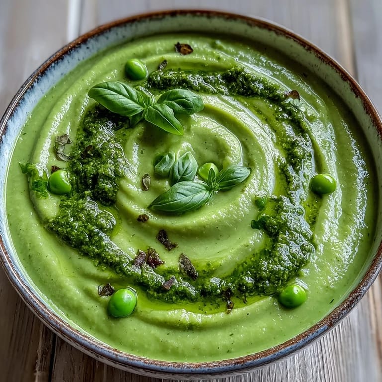 Steaming hot Courgette, Pea and Pesto Soup in a white soup plate, highlighting the bright spring vegetables and herby aroma for a comforting meal.