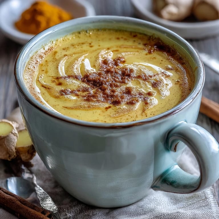 Steaming Turmeric and Ginger Golden Milk in a rustic mug, featuring a dollop of frothy foam and a cinnamon garnish.