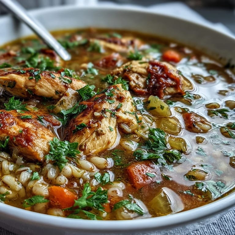 A comforting bowl of Soothing Turmeric Chicken With Pearl Barley, featuring tender chicken chunks, diced carrots, celery, and hearty grains in golden broth.