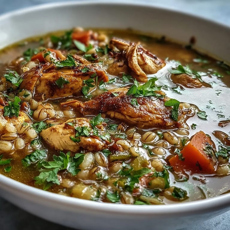 Ladle of vibrant Soothing Turmeric Chicken With Pearl Barley served with crusty bread, highlighting the anti-inflammatory turmeric spices and zucchini pieces.