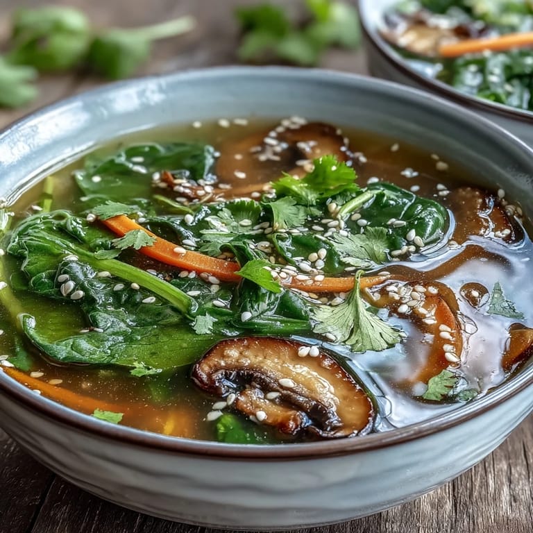 Steaming Miso Ginger Winter Soup served in a rustic ceramic bowl, highlighting bright carrots, spinach, and tender mushrooms.
