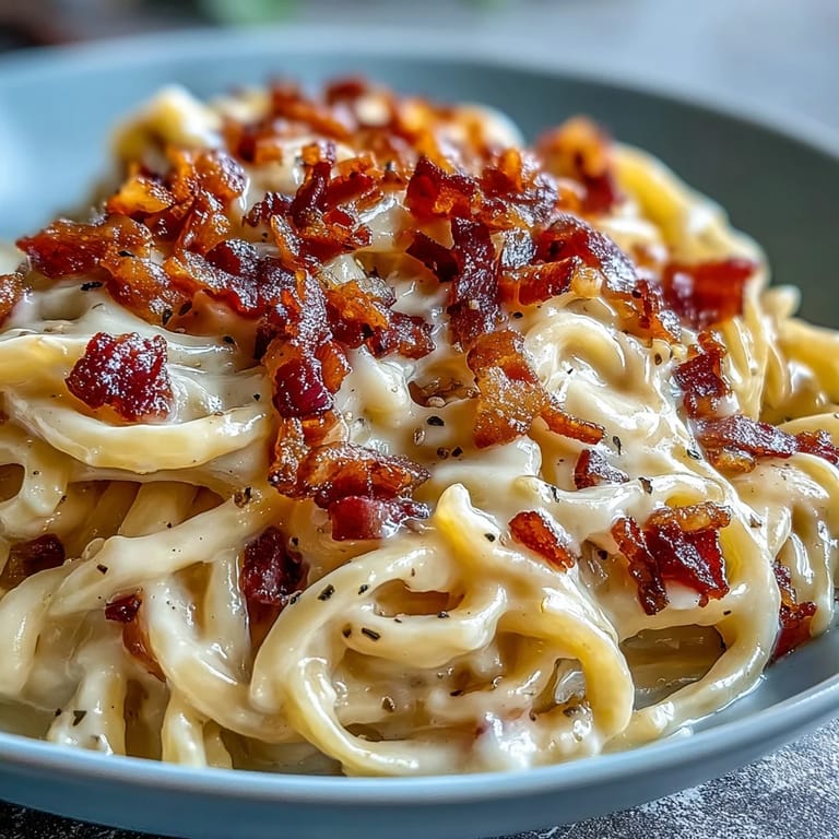 Savory Italian-inspired celeriac carbonara plated with pancetta and a glass of Pinot Grigio.