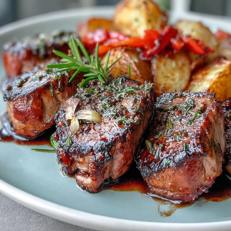 Sizzling Marinated Ibérico Pork Fillet seared in a skillet with roasted potatoes and peppers.