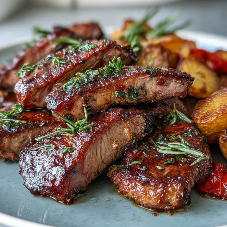 Golden sliced Marinated Ibérico Pork Fillet plated with roasted potatoes and sweet red peppers.