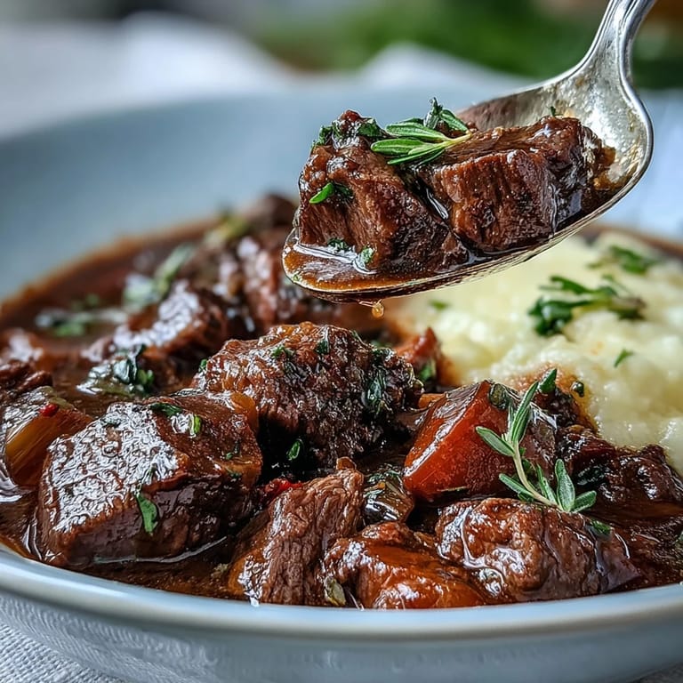 Serving suggestion for Venison Stew with Sloe Gin and Polenta: hearty game meat and jewel-toned sauce on soft polenta.