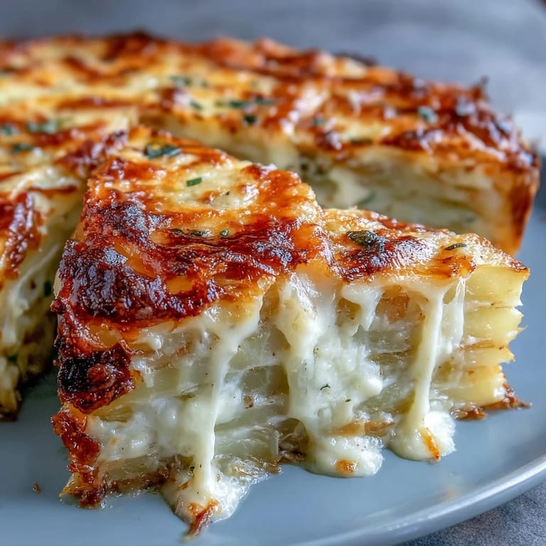 Slices of homemade Cheese and Potato Pie served warm with a crisp green salad on a rustic wooden table.