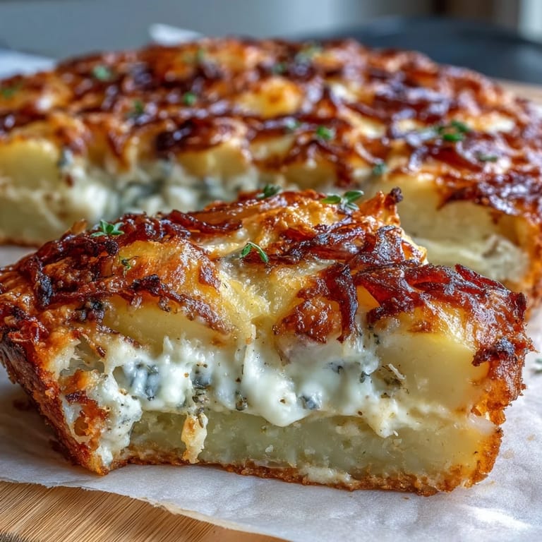Cheese and Potato Pie still steaming, revealing creamy interior and crispy crust garnished with fresh chives for color.