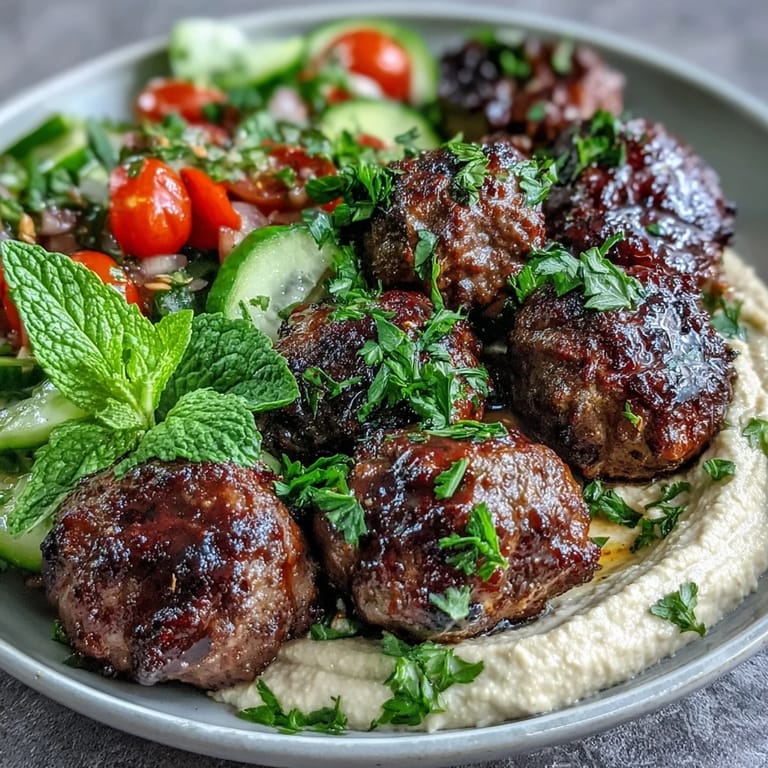Colorful platter of tender venison meatballs, fresh mint salad, and smooth hummus, perfect for a healthy Mediterranean-inspired dinner.