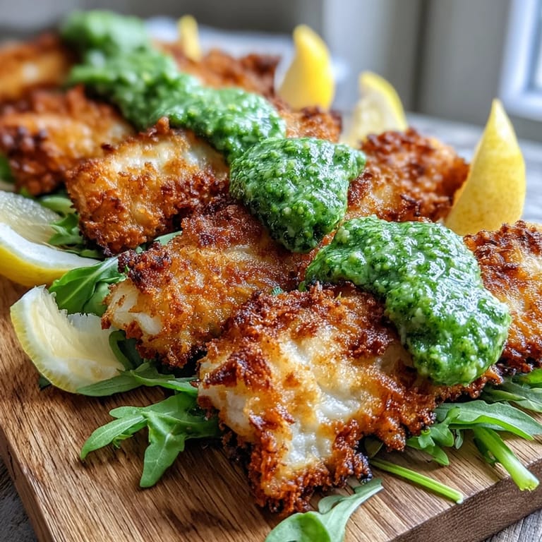 Freshly baked Haddock Goujons with Parmesan Crust arranged on a platter with lemon wedges and vibrant pea pesto for dipping.